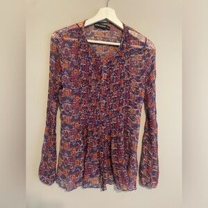 Antik Batik Orange Blue Floral 100‎ silk Blouse medium